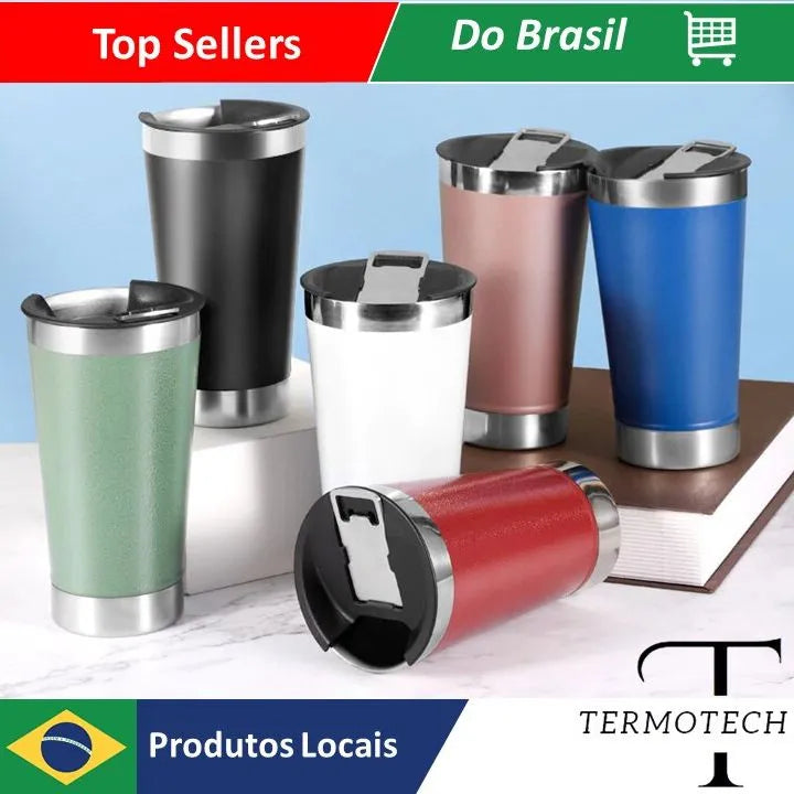 Copo Térmico 473ml Com LÂMPADA E Abridor Inox Para Quente e Gelado