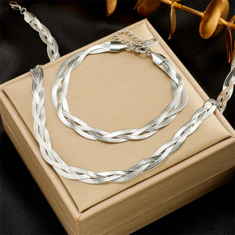 DIEYURO 316L Aço Inoxidável 3 em 1 Crossover Chain, Conjunto Colar Pulseira. Para Mulheres, Meninas, Moda, Conjunto de Jóias À Prova D 'Água.