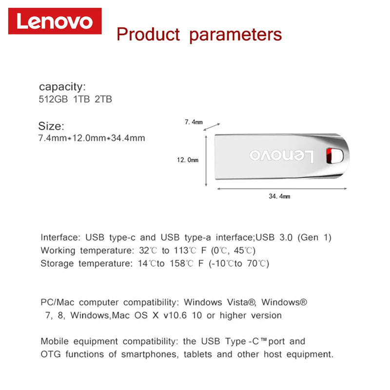 Lenovo 2TB 1TB 512GB USB Flash Drive Mini, Metal, Real Capacidade de Memória, Stick Black Pen Drive Business, Super Rápido.