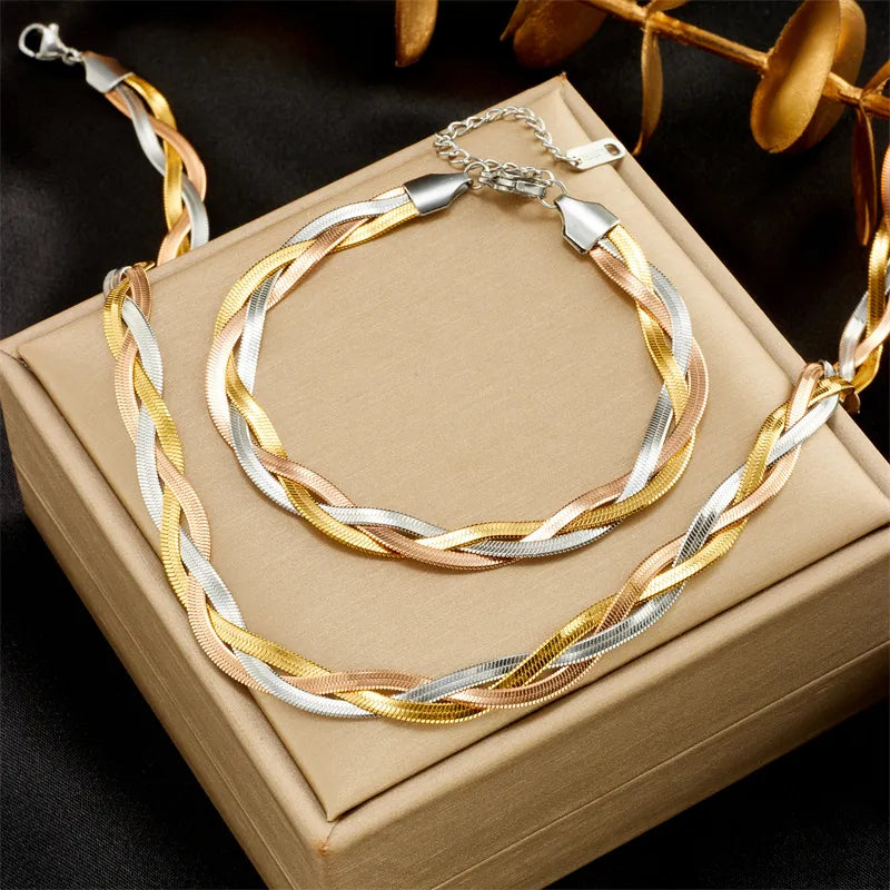 DIEYURO 316L Aço Inoxidável 3 em 1 Crossover Chain, Conjunto Colar Pulseira. Para Mulheres, Meninas, Moda, Conjunto de Jóias À Prova D 'Água.